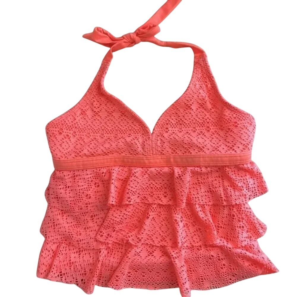 Cat & Jack Tiered Eyelet Ruffle Halter Tankini Swim Top Girls Large Lined